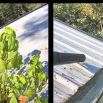 Gutter vacuum equipment cleaning gutters on a metal roof by Gutter Haven