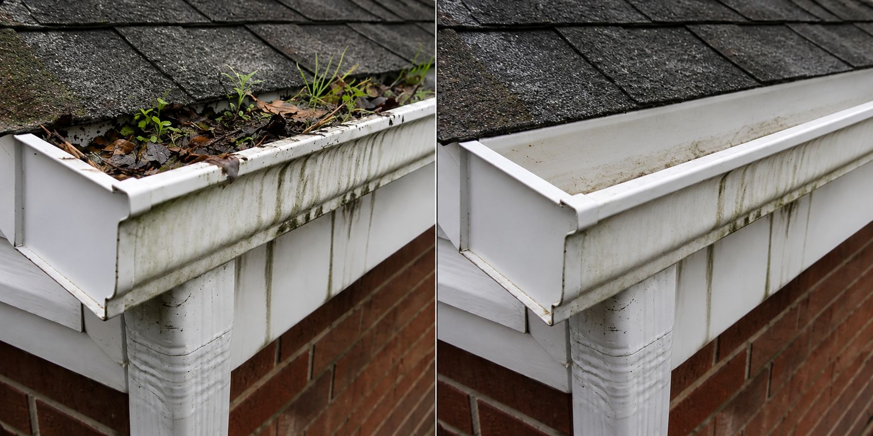 Typical example of a gutter before and after a hand cleaning